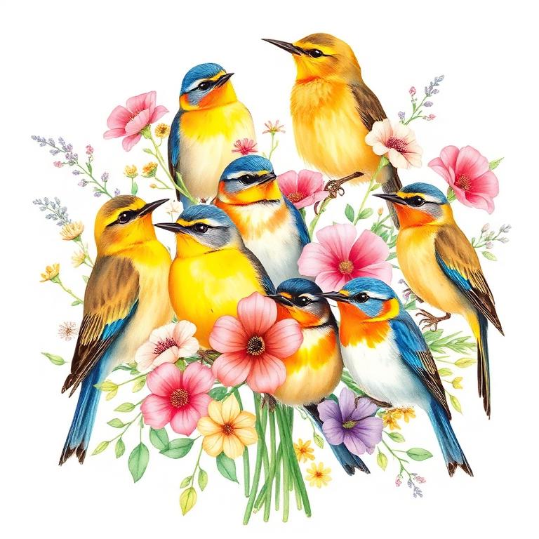 A bouquet of warblers — bright birds clustered like wildflowers among foliage.