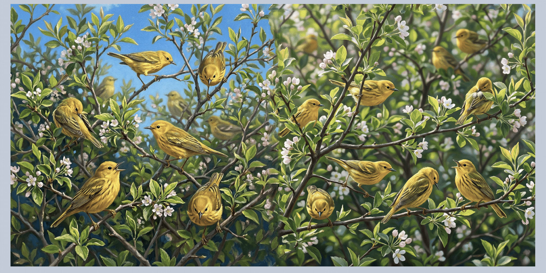 An embarrassment of warblers — overflowing branches, more birds than the eye can hold.