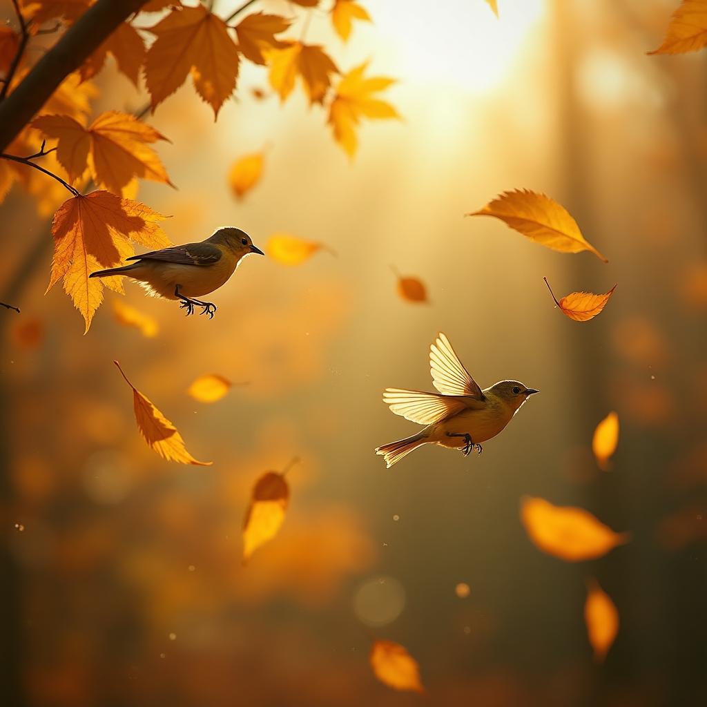 A fall of warblers — backlit autumn leaves, birds descending through golden air.