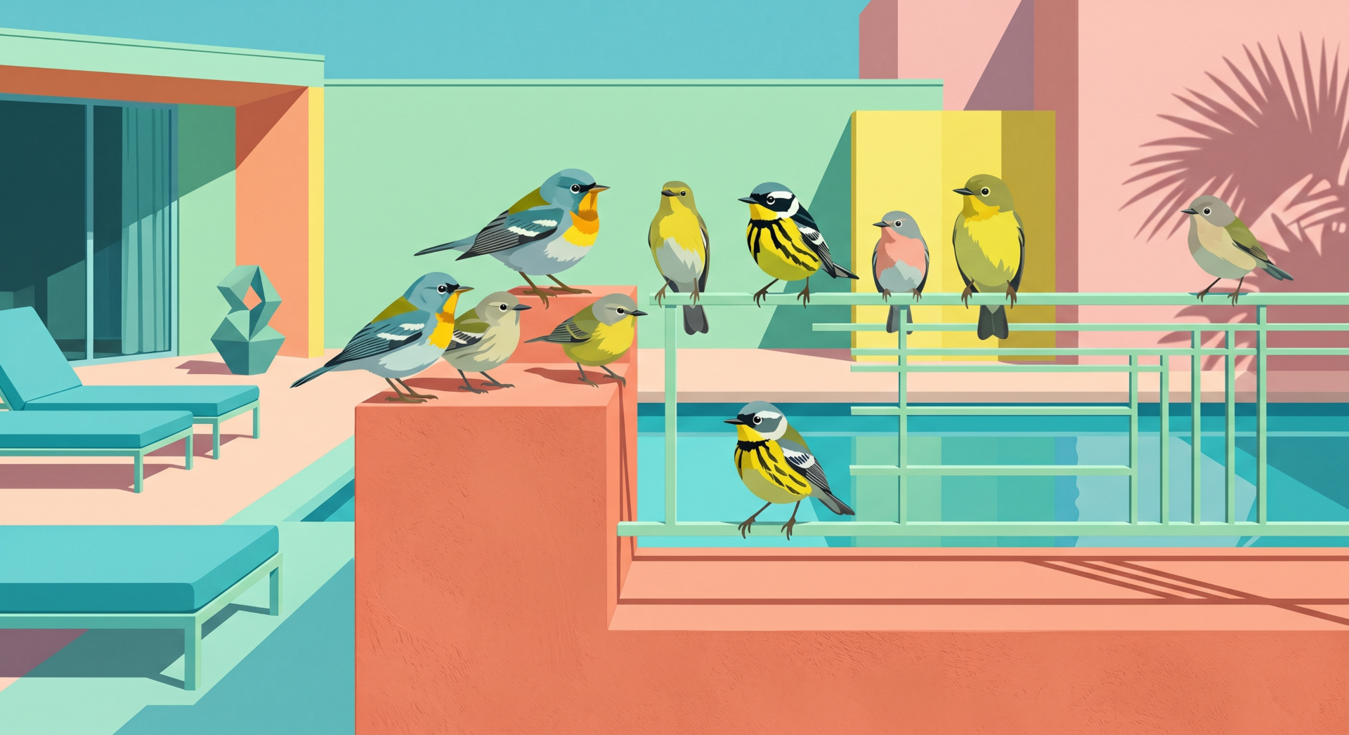 A confusion of warblers gathered along a sunlit poolside railing — many small bright birds, none waiting their turn.