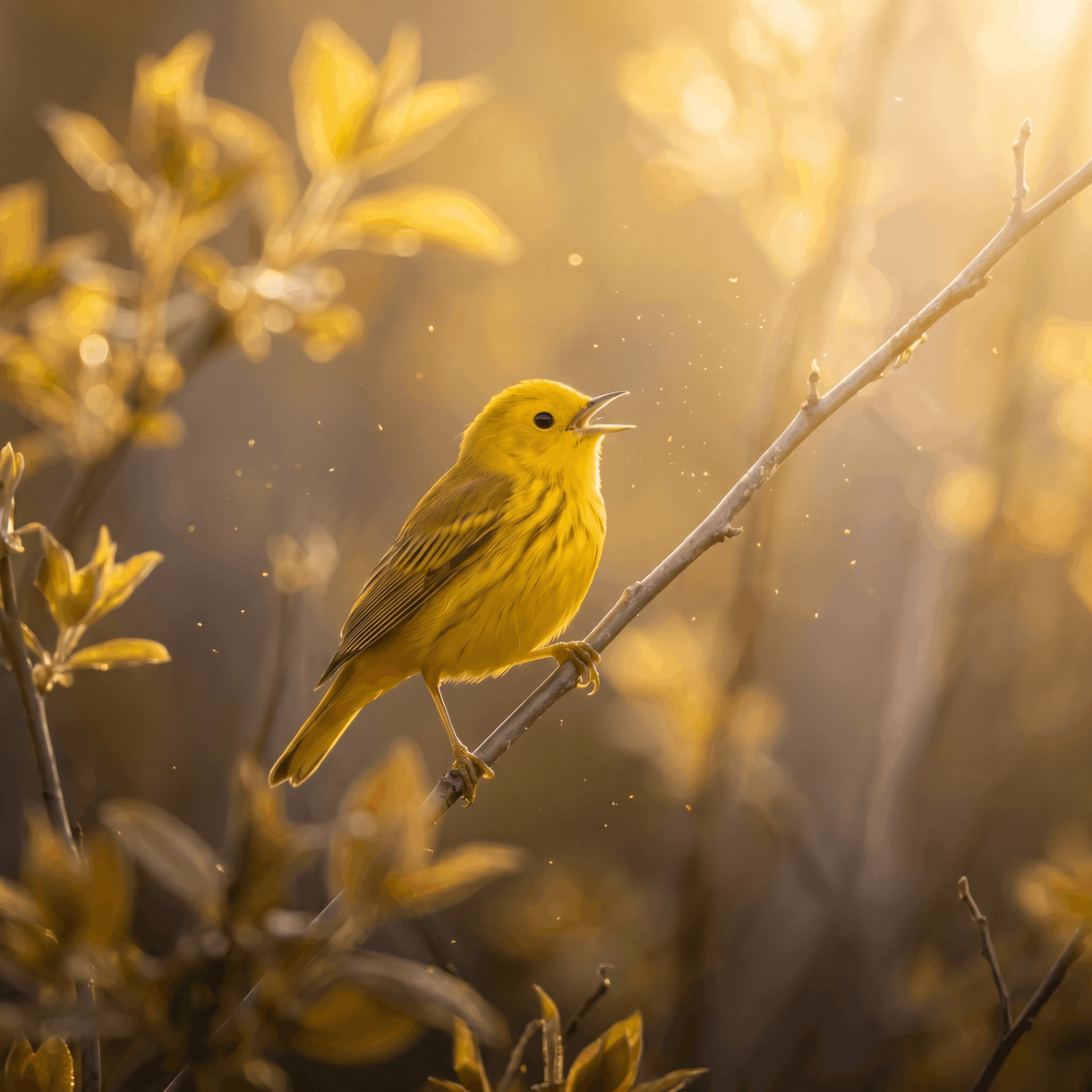 A sweetness of warblers — soft golden light, a small bird mid-song.