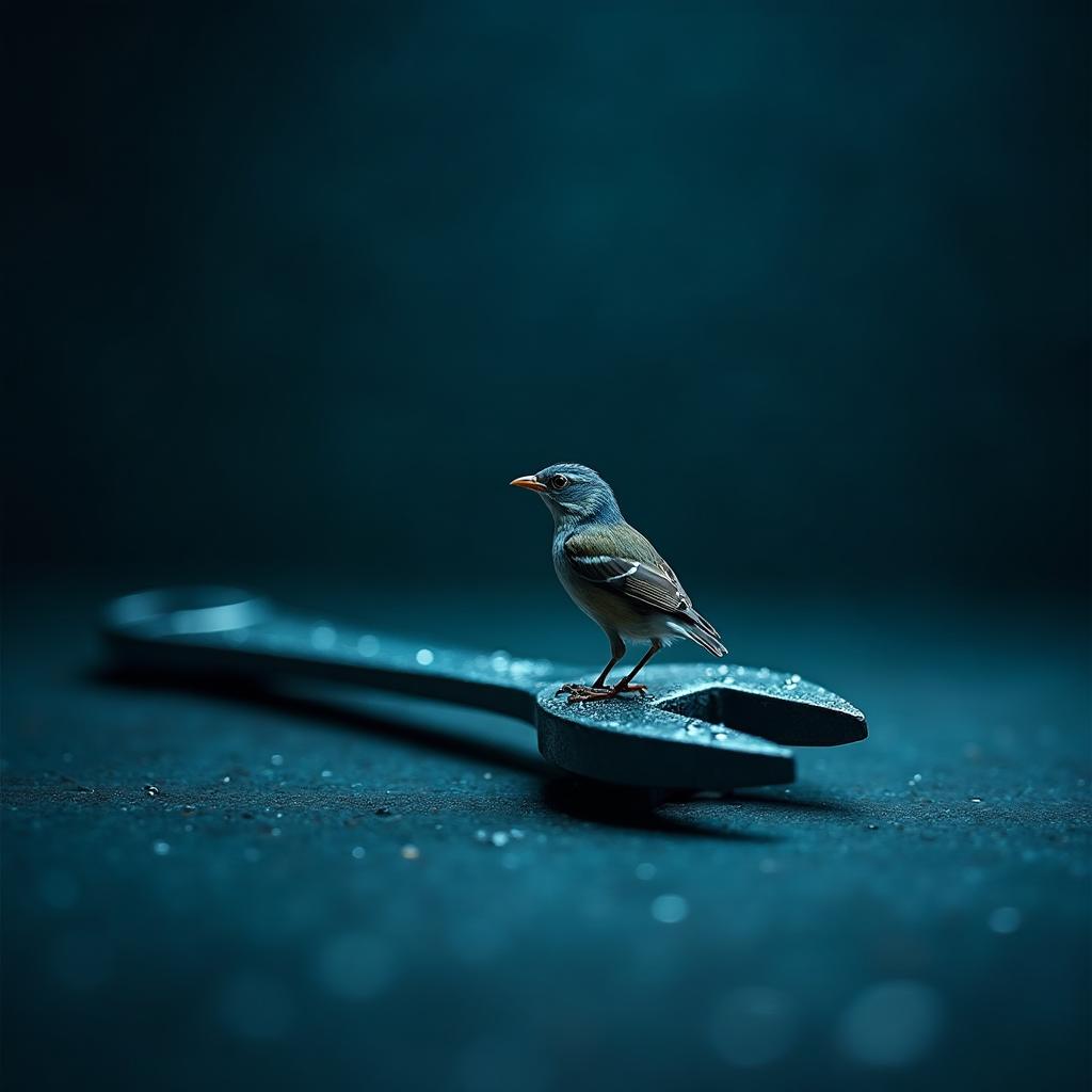 A wrench of warblers — a single bird mid-glance, half-vanishing into shadow.