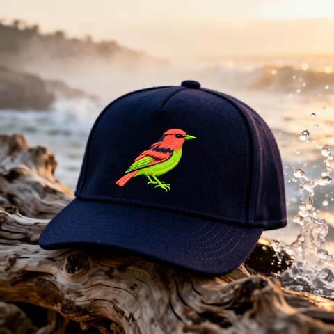 Unstructured cotton-twill dad hat with embroidered scarlet tanager