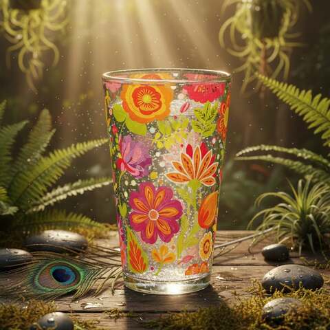 Hand-illustrated 16oz folk-bloom pint glass on a sunlit windowsill