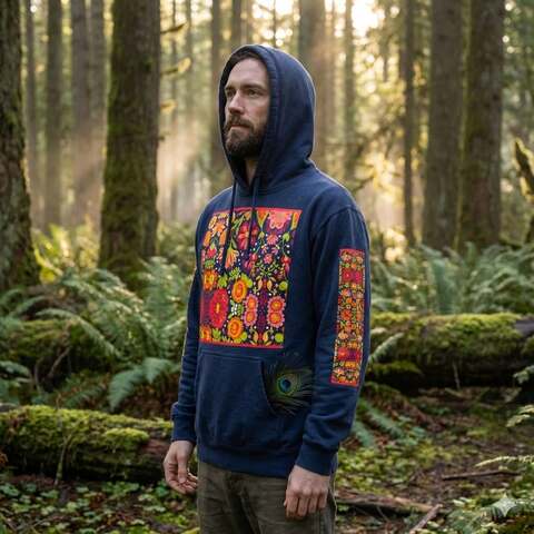 Garment-dyed unisex hoodie with vibrant folk-floral chest panel