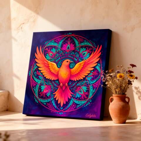 Square canvas of a phoenix mandala against a pale plaster wall